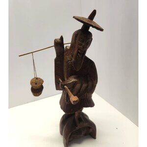 Carved Chinese Fishermen | Vintage Wooden Sculptures | Chinese Rosewood Carvings